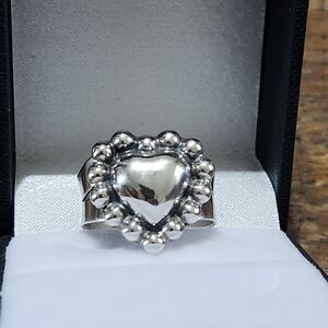 Taxco Mexico 925 Sterling Puffy Heart Ring On Beaded Border Vintage Size 8